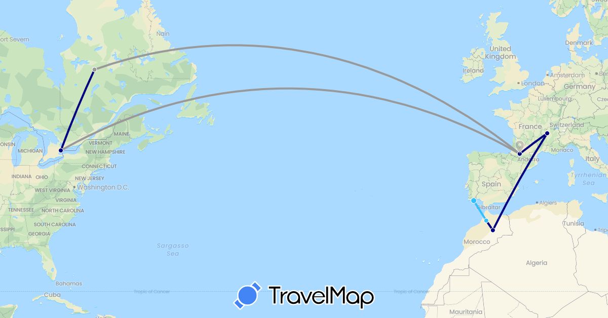 TravelMap itinerary: driving, plane, boat in Canada, France, Morocco, Portugal (Africa, Europe, North America)